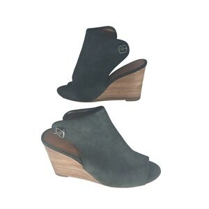 Lucky Brand Risza Black Suede Peep Toe Wedge Sandals Shoes Womens 9.5 M LK-RISZA